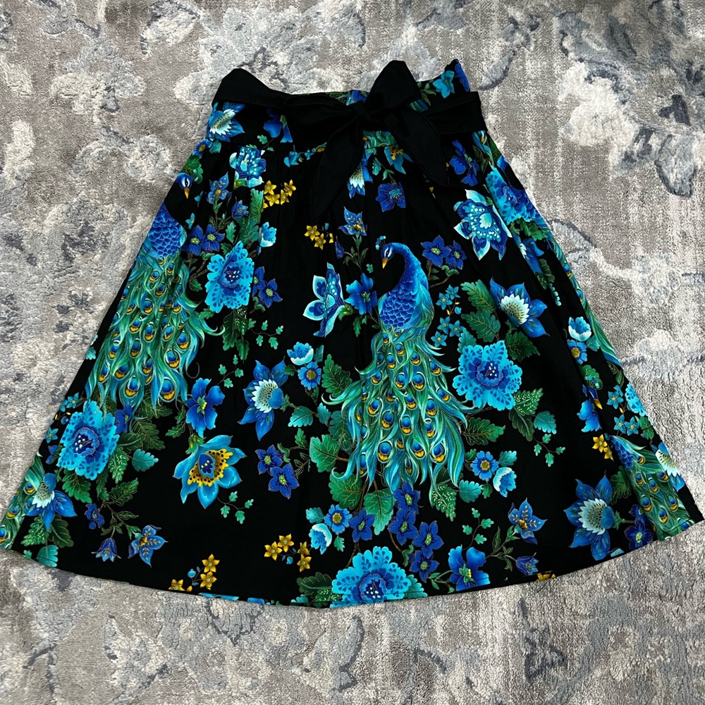 Black A-Line Skirt with Blue & Green Peacock Floral Print